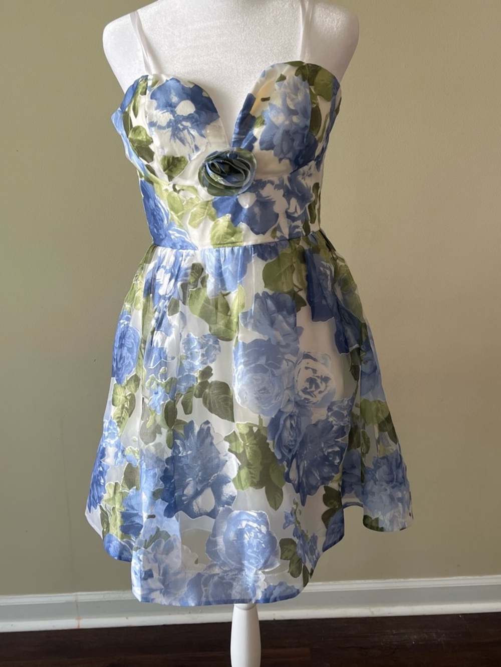 Floral Sweetheart Neckline Blue & Green Garden Party Dress
